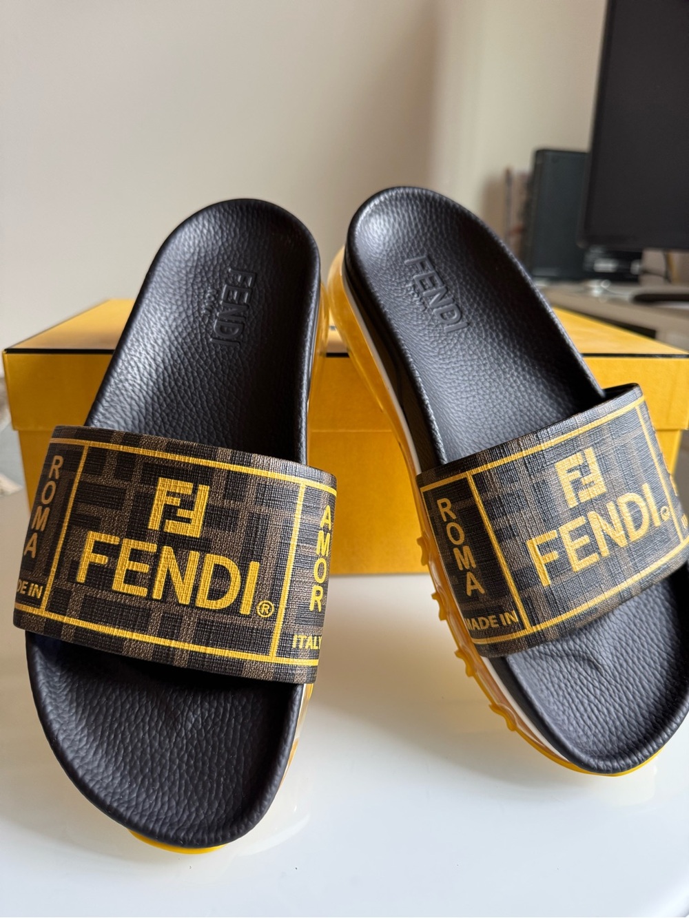 Fendi Black and Yellow Logo Slide Sandals with Printed Strap